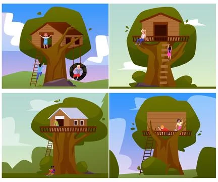 Tree house construction vector illustrations set, wooden lodge for kids with Stock Illustration