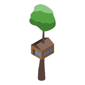 Tree house growing on tall trunk with green foliage in isometric view Stock Illustration