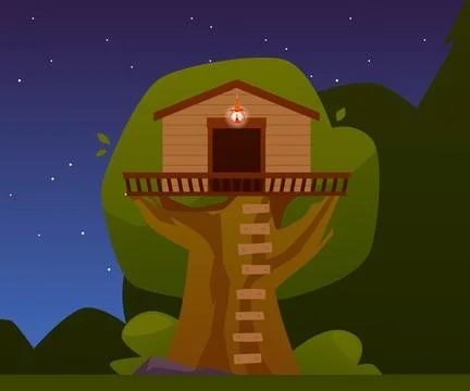 Tree house with lighting and ladder, vector cartoon children game treeshed Stock Illustration