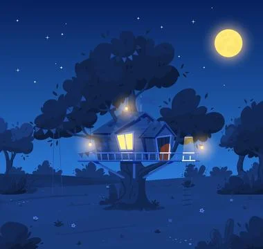 Tree house with lighting, ladder and swing, vector children treeshed summer camp Stock Illustration