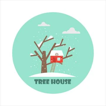 Tree house in winter, vector flat illustration, icon in a circle. Snowflakes Stock Illustration