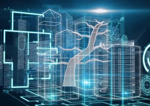 Tree icon and multiple 3d shapes and data processing against blue background Stock Illustration