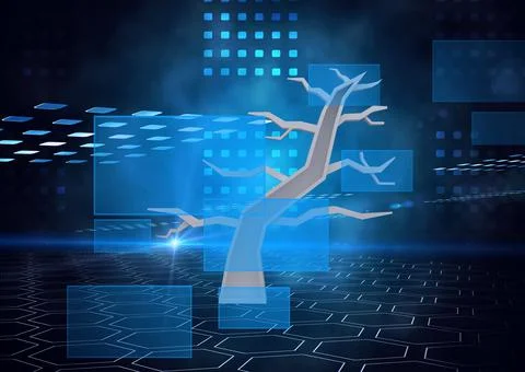 Tree icon and multiple square shapes against spot of light on blue background Illustrazione stock