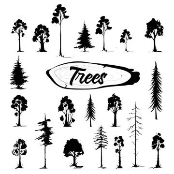 Tree icon set. Hand drawn isolated illustrations. Stock Illustration