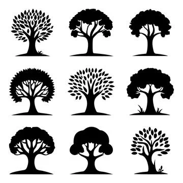 Tree icon set. Plants with leafs silhouettes. Forest and garden symbol isolated Stock Illustration