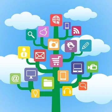 Tree with icons gadgets and computer symbols. Tree with icons gadgets and ... Stock Photos
