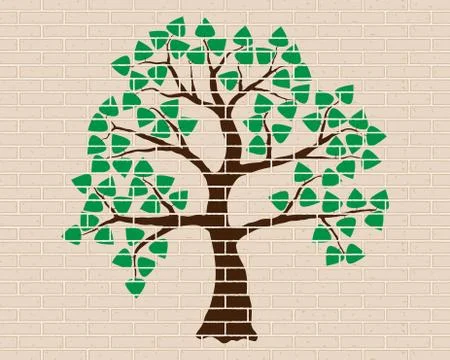 Tree illustration on beige-brick wall. Brown tree, green foliage Stock Illustration