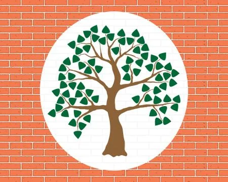 Tree illustration on orange-brick wall. Brown tree, green foliage Illustrazione stock