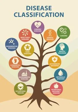 Tree infographic showing classification of diseases with medical icons Stock Illustration