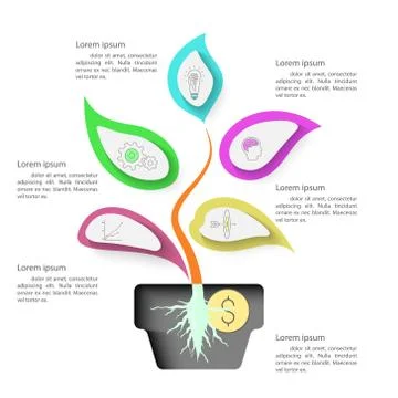Tree infographic with strong root in pot, and decorate with icons. Stock Illustration
