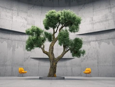 Tree inside a concrete building. Modern architecture. Growth and healthy wo.. Ilustración de archivo