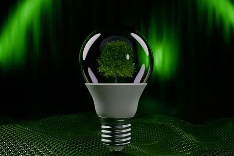 Tree inside the light bulb, symbolizing ecology and sustainability. Illustrazione stock