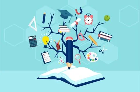 Tree of knowledge and open book, modern education template design. Stock Illustration