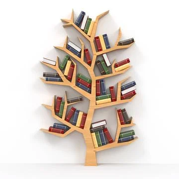 Tree of knowledge. Bookshelf on white background. 3d Tree of knowledge. Bo... Stock Photos