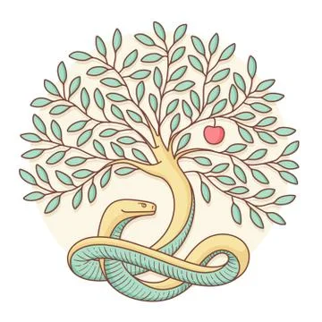 Tree the knowledge of good and evil with snake, apple. Colorful design. Vecto 스톡 일러스트
