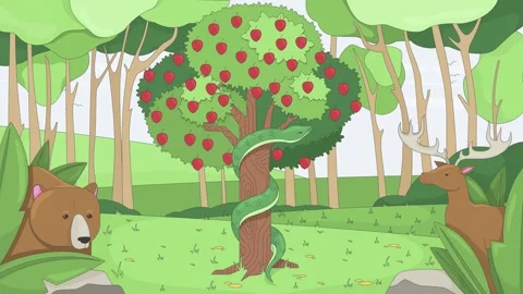 Tree of knowledge with serpent and animals 2D cartoon animation Stock Footage 311320451