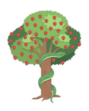 Tree of knowledge with serpent and apples 2D cartoon bible character Illustrazione stock