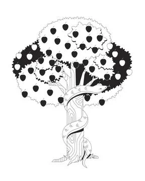 Tree of knowledge with serpent and apples 2D line bible character Illustrazione stock