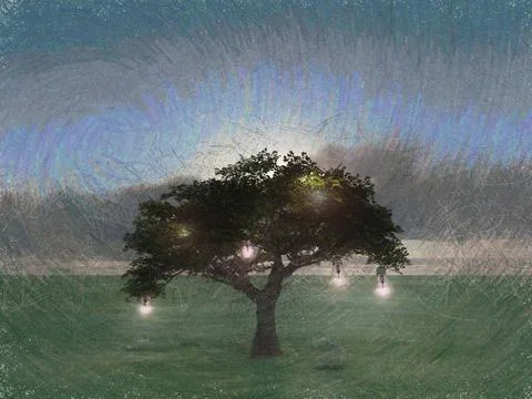 Tree of knowledge Surreal digital art. Tree with light bulbs symbolizes kn... Stock Photos