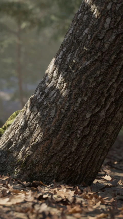 Tree leaning on ground in forest with fallen leaves and sunlight filtering Stock Footage 339781580