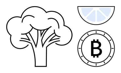 Tree, Lemon Slice, and Bitcoin Symbol in Minimalist Black and White Line Desi Stock Illustration