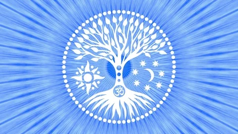 The tree of life in the center of the mandala in a halo of rotating rays. Stock Footage