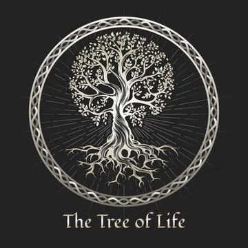The Tree of Life in a Circle Frame Esoteric Emblem on Black Background Stock Illustration