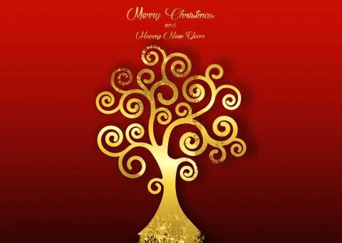 Tree of life isolated on red background, gold leaf in art deco style Christmas Stock Illustration