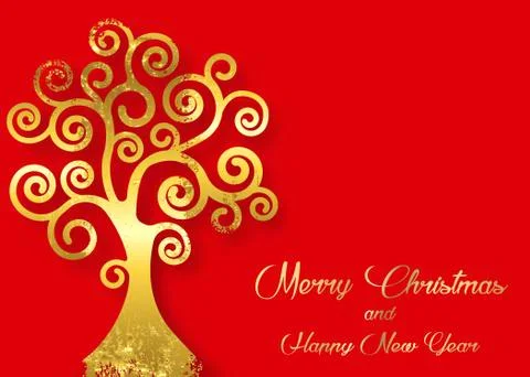 Tree of life isolated on red background, gold leaf in art deco style. Christmas Stock Illustration