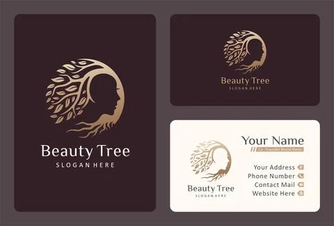 Tree of life logo design blends with beautiful face negative space. Stock Illustration