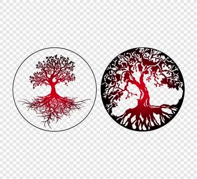 Tree of life with roots red gradient design on transparent background, vector Stock Illustration