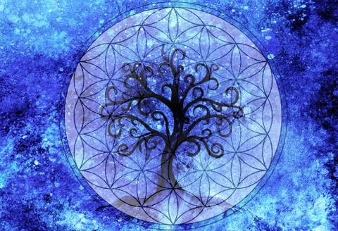 Tree of life symbol on structured ornamental background, flower of life pattern Illustrazione stock