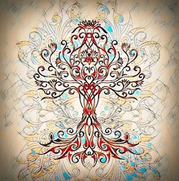 Tree of life symbol on structured ornamental background, yggdrasil. Stock Illustration