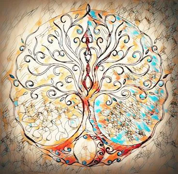 Tree of life symbol on structured ornamental background, yggdrasil. Stock Illustration