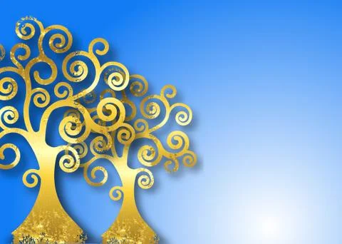 Tree of life, Trees on blue sky background, golden tree art nouveau style Stock Illustration
