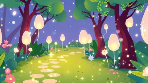 Tree light path Cartoon: Light on A Path with Trees in sides at Night, and Ligh Video stock 306505301