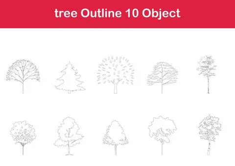 Tree line drawing, Side view, graphics trees elements single object outline Stock Illustration