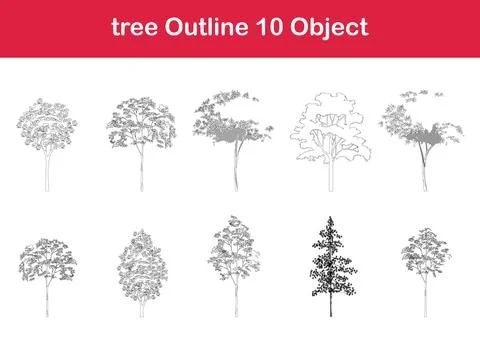 Tree line drawing, Side view, graphics trees elements single object Stock-Illustration