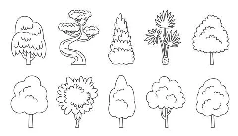Tree line icon set coloring book eco plant forest Stock Illustration