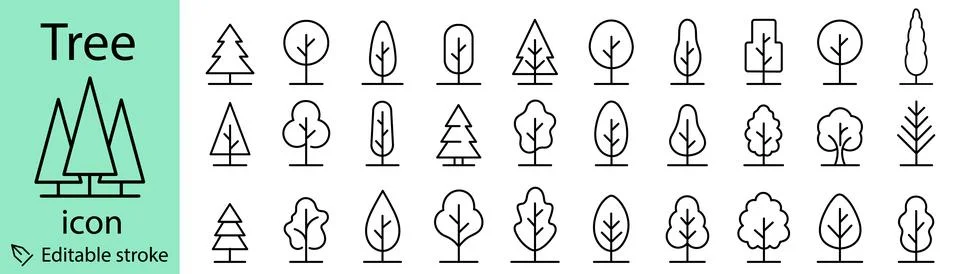 Tree Line Icons Set Editable Outline Forest and Nature Vector Collection Stock Illustration