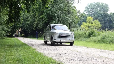 Tree-lined avenue with old green car Stock Footage 89765355