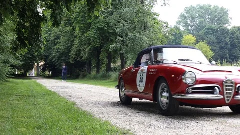 Tree-lined avenue with old red car Stock Footage 89765613