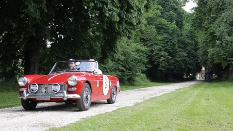 Tree-lined avenue with old red car Stock Footage 89786321
