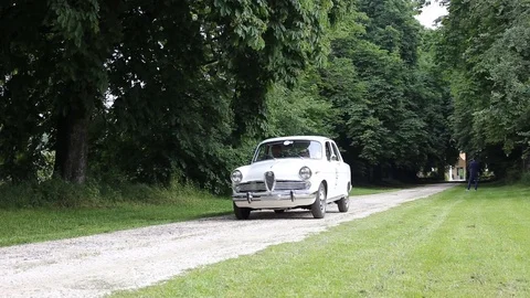 Tree-lined avenue with old red car Stock Footage 89786351