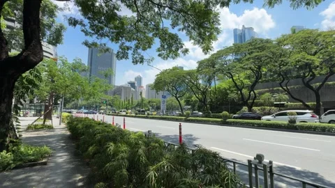 Tree lined Ayala Avenue street with Makati skyscrapers skyline view 4k 库存影片 337443158