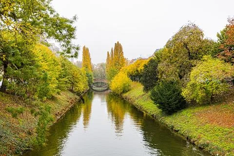 Tree-lined canal reflecting autumn foliage, Grand Est, Strasbourg, France Stock Photos
