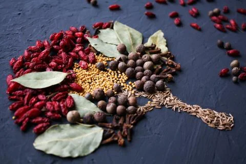 A tree lined with different spices is located on a dark surface. Culinary art. Stock Photos