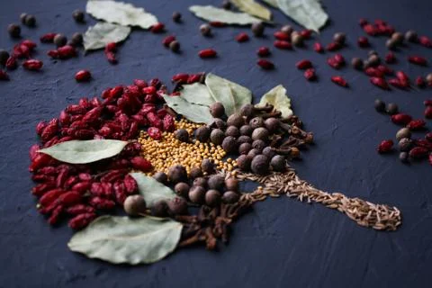 A tree lined with different spices is located on a dark surface. Culinary art. Stock Photos