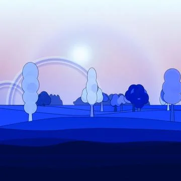 Tree-lined field backdrop backdrop with, mixed woodland trees, and horizon haze Ilustração Stock