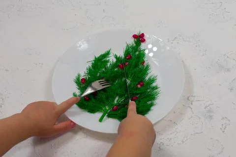 The tree is lined with green dill leaves, decorated with red pomegranate berries Stock-Fotos